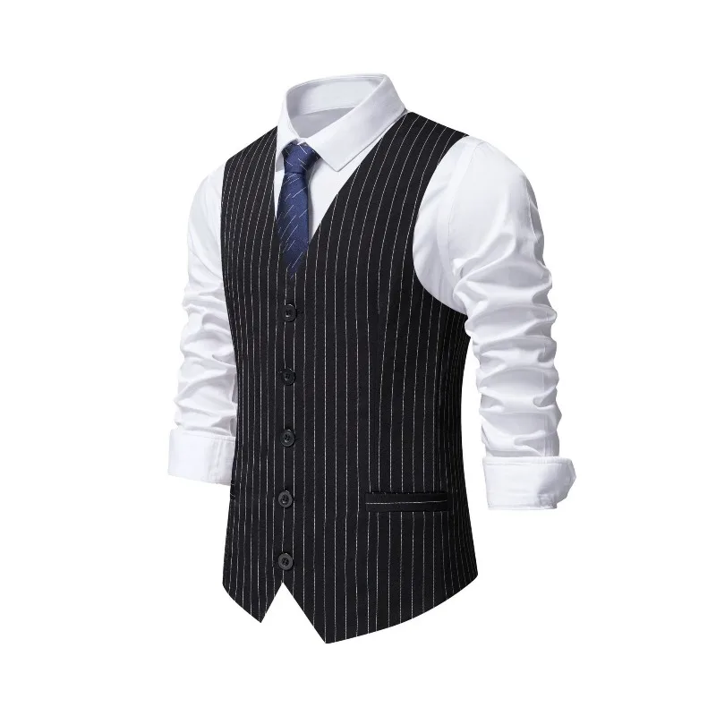 KIDWHXR Men Suit Vest British Style Striped Business Casual Man Waistcoat Slim V-neck Single-breasted Versatile Male Vest