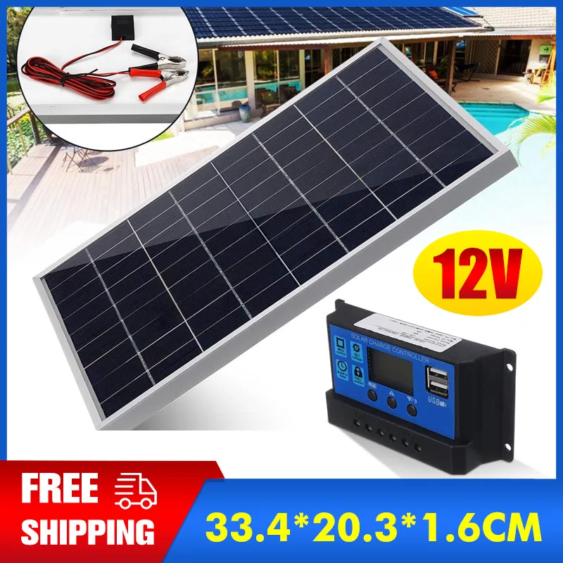 20W 12V Solar Panel Mono Crystalline Charger With Solar Charge Controller + Clip For Home Camping Outdoor Lighting Motorhome