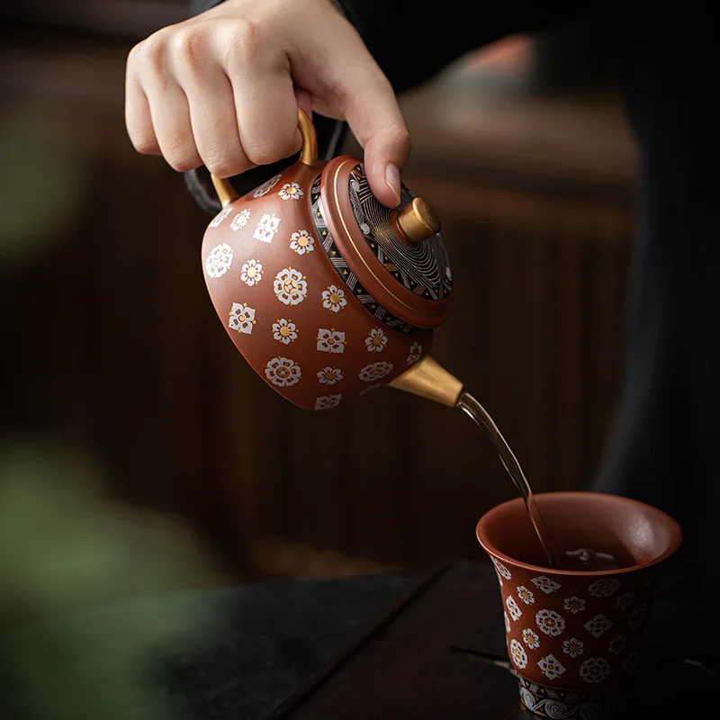 Zisha Pottery Teapot Household Small Capacity Gold Tracing Handmade Solo Dining Tea Pot