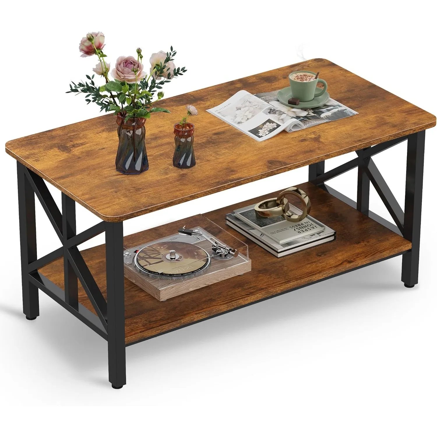 

Coffee Table for Living Room, 39" Modern 2-Tier Center Table with Round Corners, Storage Shelf, Coffee Table with Metal Frame