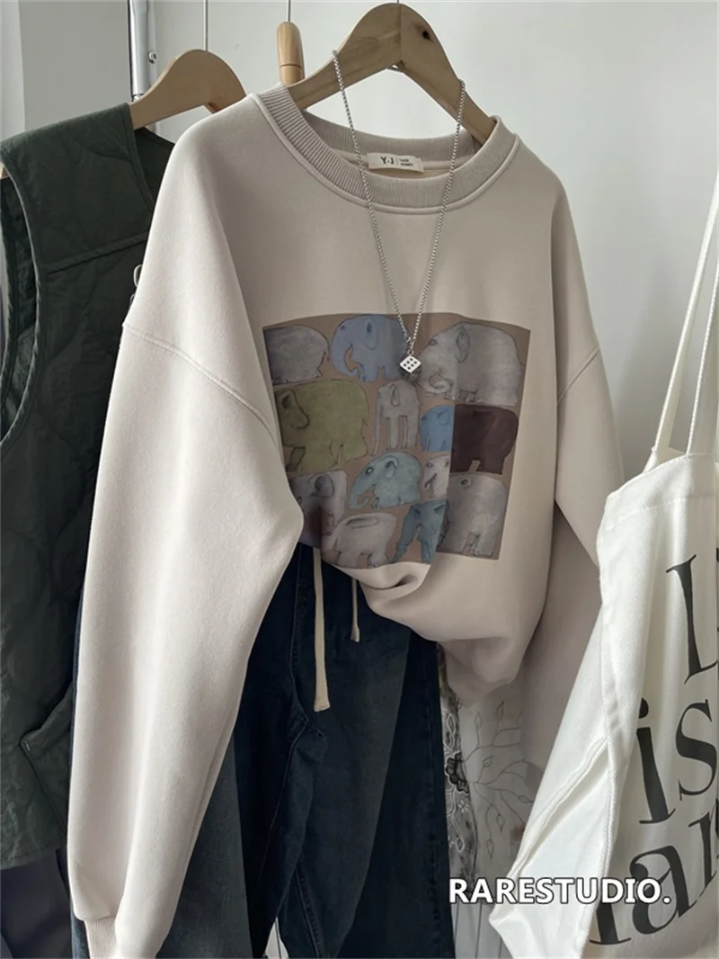 เกาหลี Sle รอบ Ne Fce เรียงรายเสื้อกันหนาวผู้หญิงหลวม Fit Overhead พิมพ์ช้างออกแบบฤดูใบไม้ร่วงฤดูหนาวใหม่มาถึง