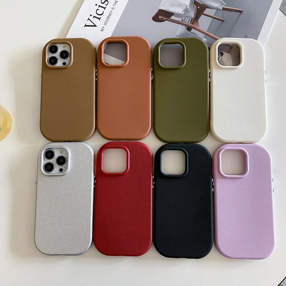 

Solid Color Litchi Grain PU Leather Texture Case For iPhone 15 pro max 14 13 12 Alloy Lens Armor Cover