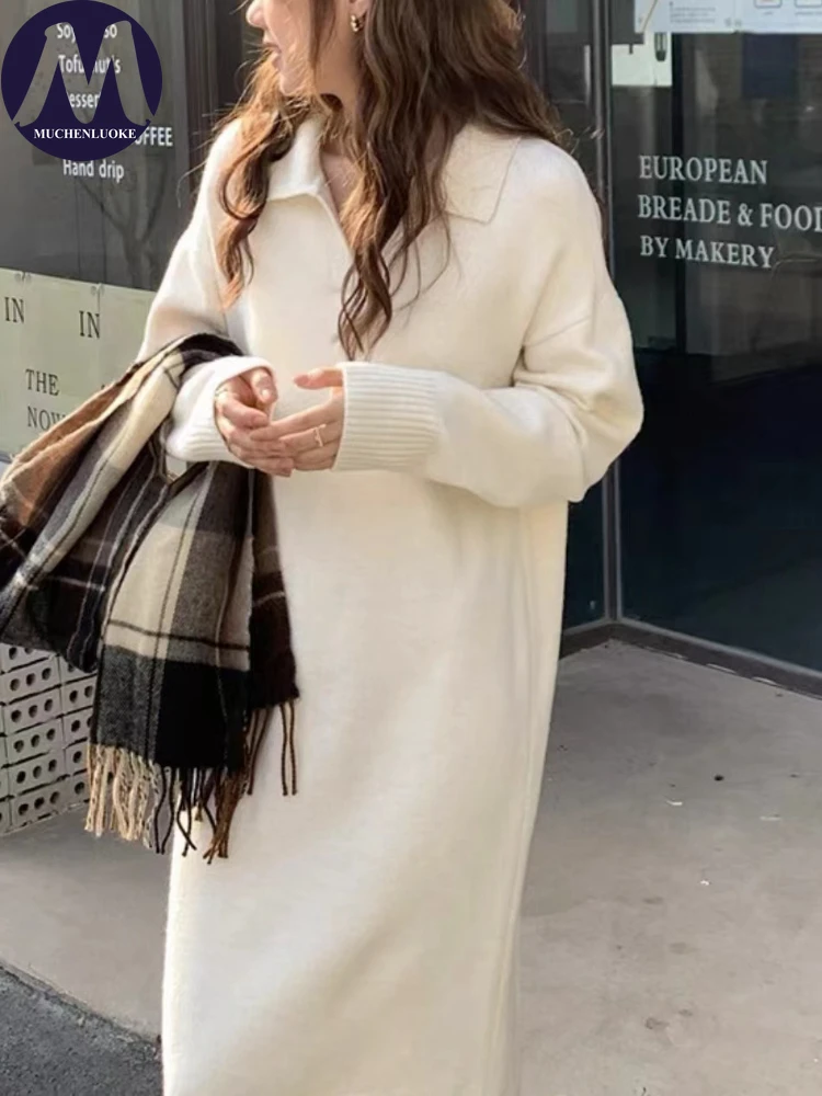 Vestidos femininos elegantes outono inverno estilo preguiçoso gola polo camisola de malha vestido coreano moda casual solto vestidos quentes