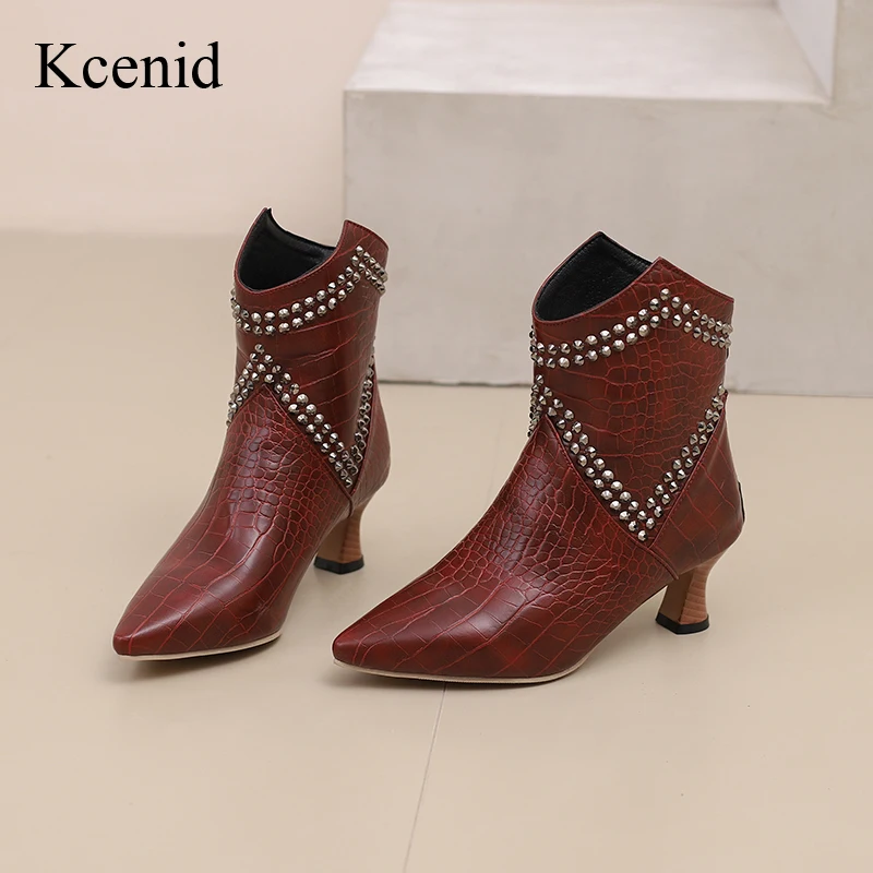 Kcenid New Ladies Autumn Winter High Heels Modern Boots Fashion Rivet Pointed Toe Ankle Boots For Women Large Size 47 48 49 50