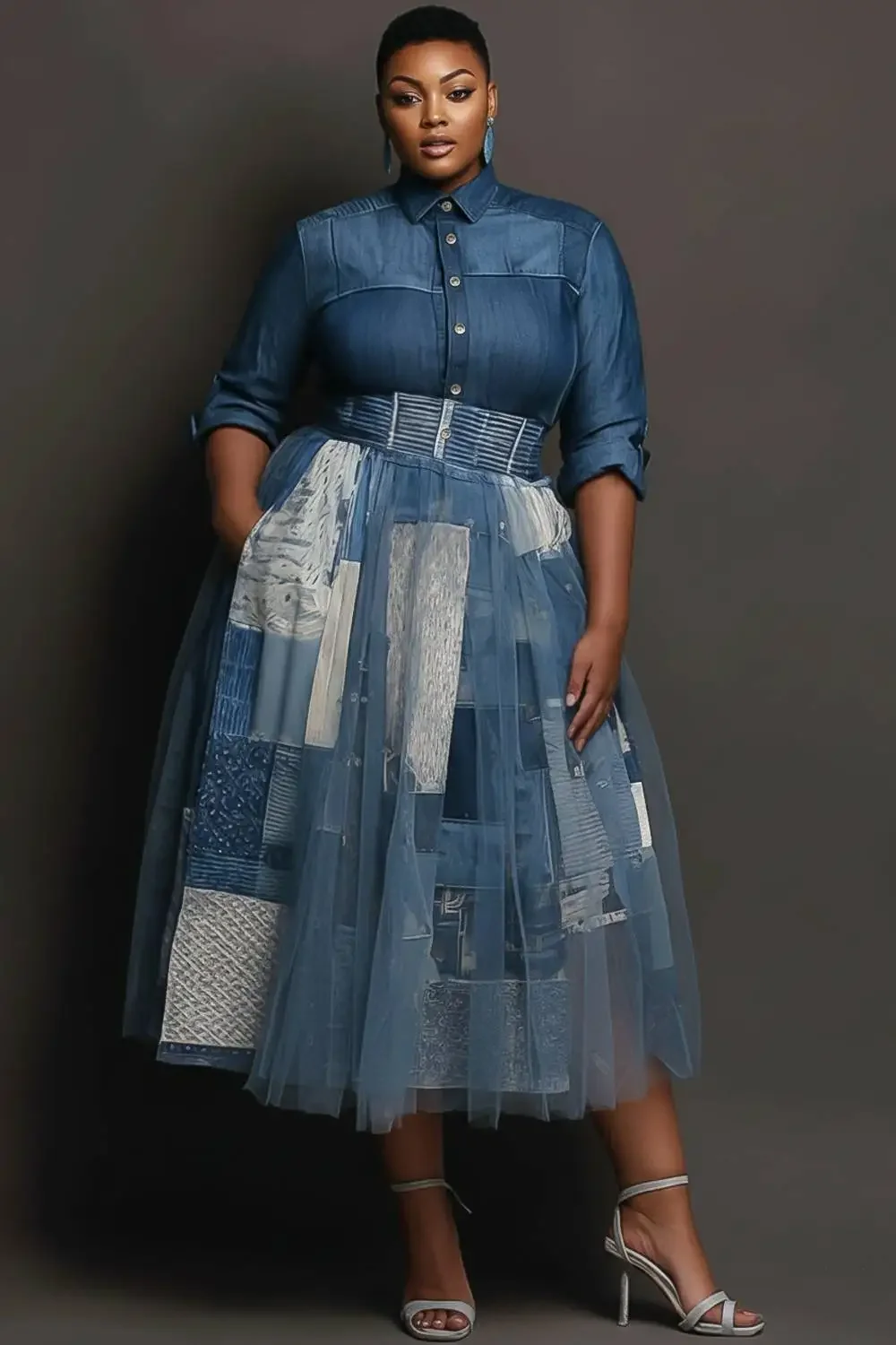 

Plus Size Patchwork Tulle Midi Dress for Women Collar 3/4 Sleeve Button Down Shirt Dress Sheer Layered Mesh Skirt Dress