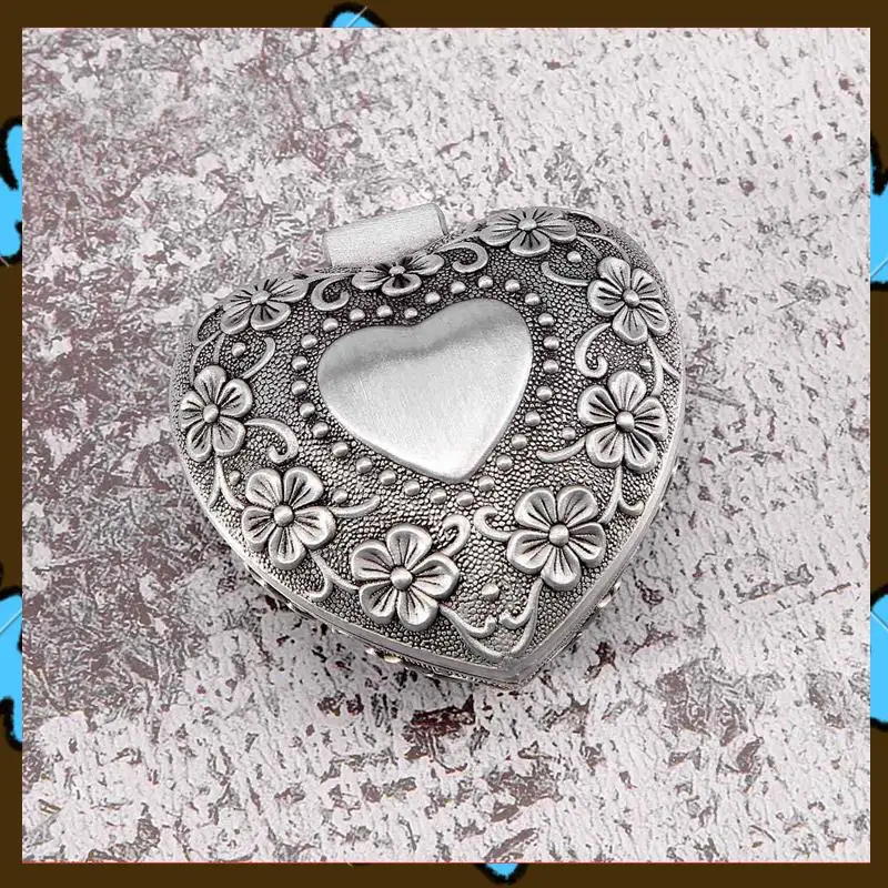 

Promotion! 5X Classic Vintage Antique Heart Shape Jewelry Box Ring Small Trinket Storage Organizer Chest Christmas Gift,Silver