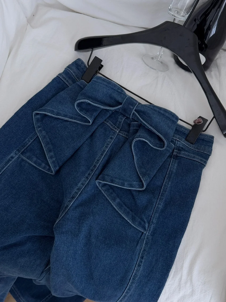 Retro American Waed Denim Jeans Women's Casual High Waist  Knot Design Autumn 2025 Straight Leg mid Stretch Blue