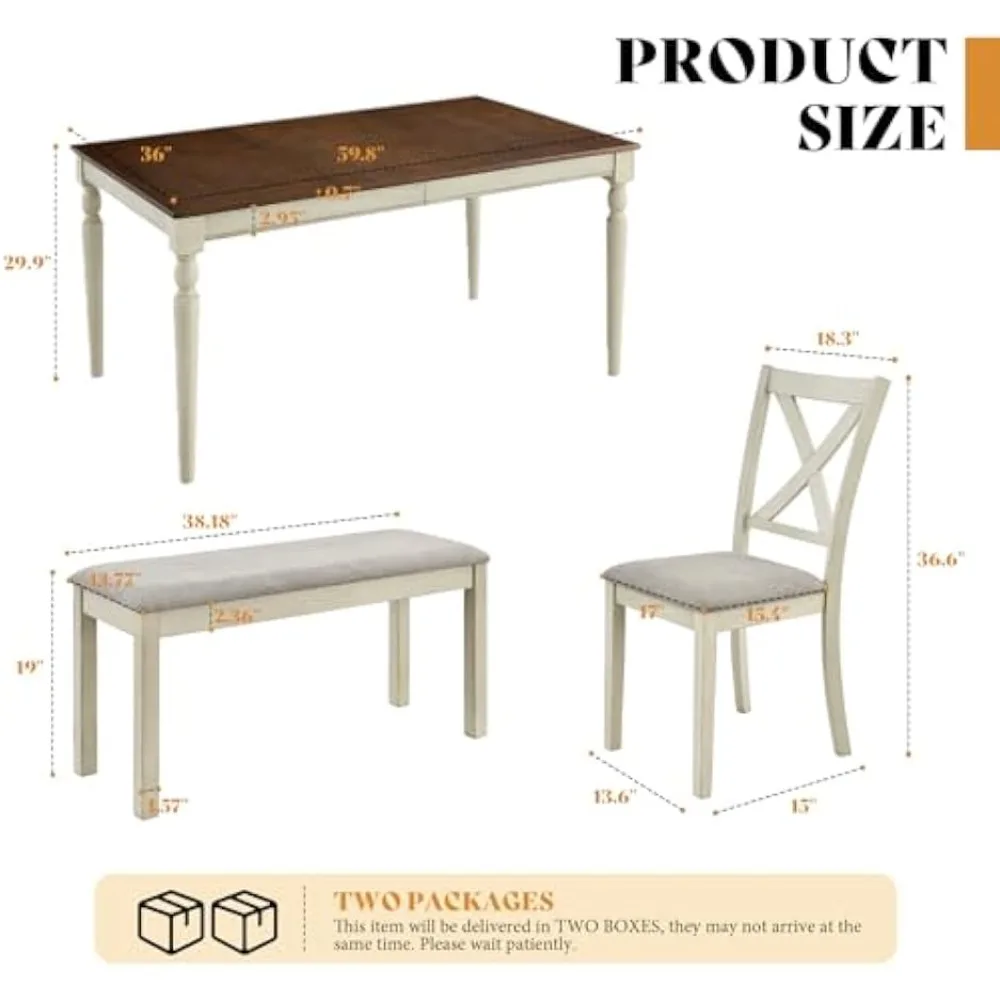 طقم طاولة طعام من الخشب الصلب مكون من 6 قطع مقاس 60 بوصة، وطاولة مزرعة مع 4 كراسي منجدة ومقعد واحد، ومجموعة طاولة طعام لـ 6 أشخاص، لـ Dinin