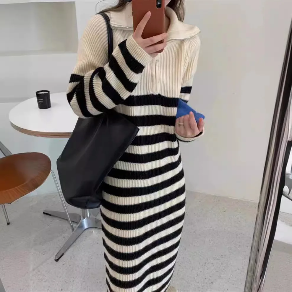 

New Straight Autumn Winter Long Sweater Dress Women Split Side Long POLO Neck Maix Sweater Dress Female Basic Loose Dress E1588