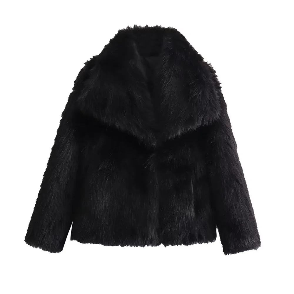 PB&ZA2024 Autumn New Women\'s Fashion Style Versatile Artificial Fur Effect Big Collar Warm Coat Coat
