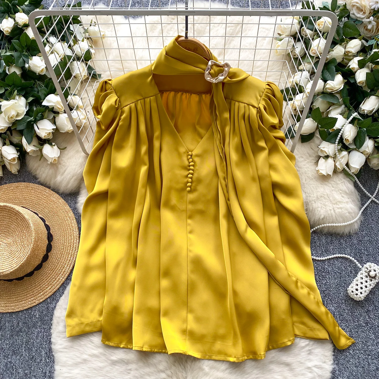 

French Long Sleeved Shirt Women's Autumn Scarf V-neck Elegant Chic Top