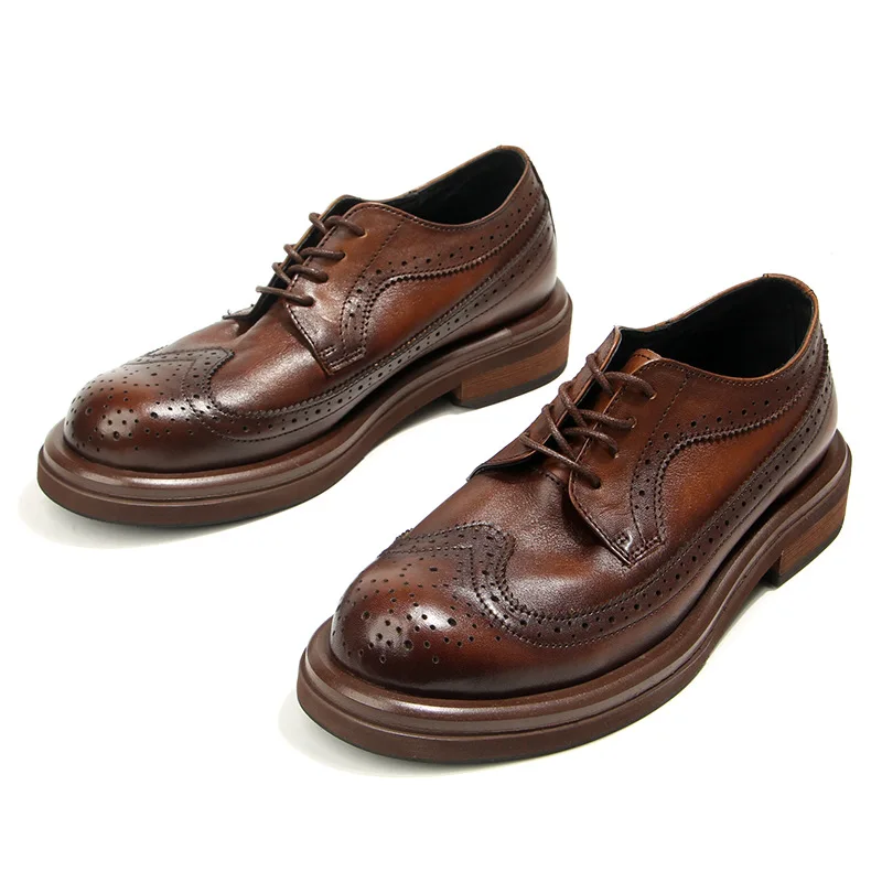 Retro Flat Mens Genuine Leather Brogues Shoes Luxury Handmade Quality Comfortable British Trend Casual Business Social Shoes Man