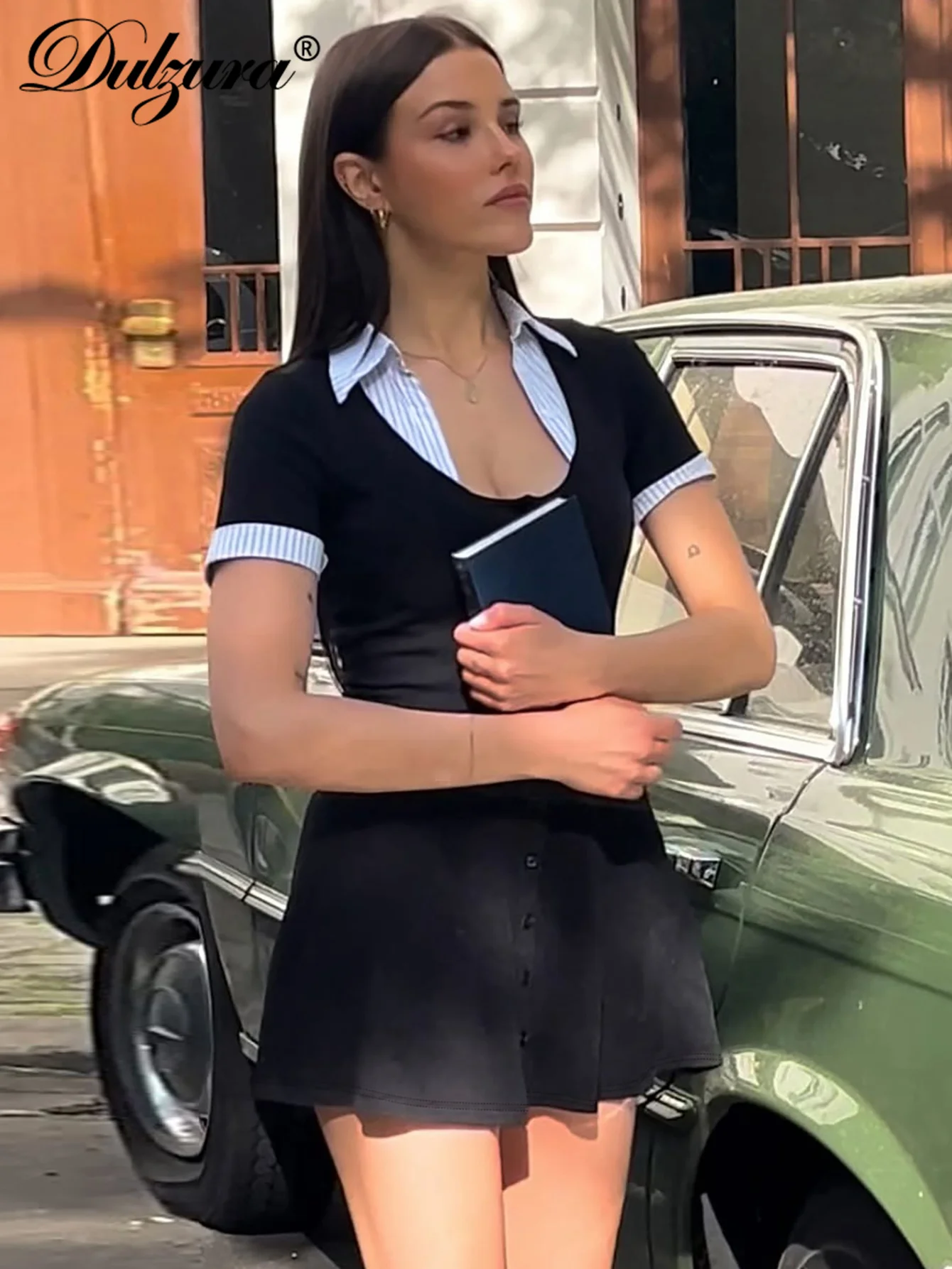 Dulzura, moda de verano, elegante, cuello vuelto, manga corta, un solo pecho, ajustado, Mini vestido camisero, ropa de calle para fiesta y Club