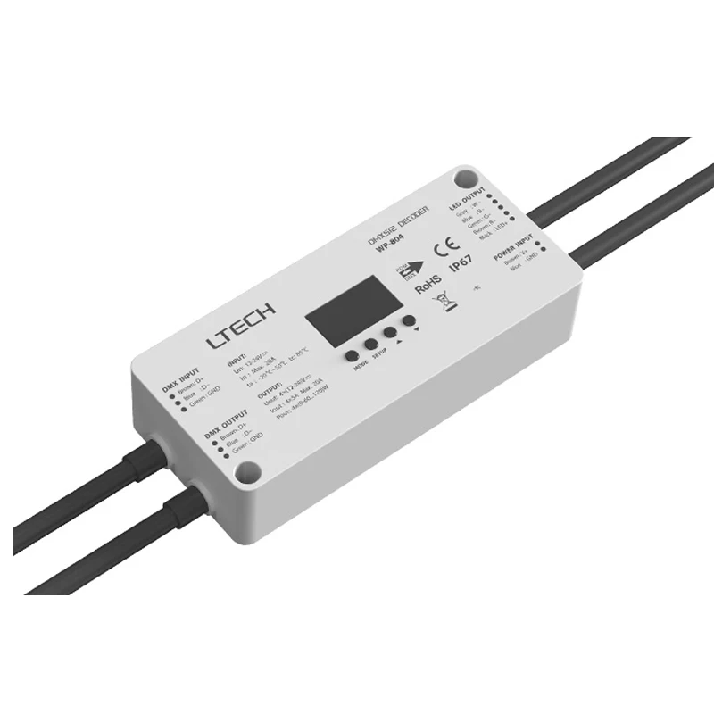 LTECH Waterproof DMX/RDM 4 Channel CV Decoder DC12-24V WP-804 5A/CH 20A(4CH) IP67 OLED Display Screen DMX512 Slave