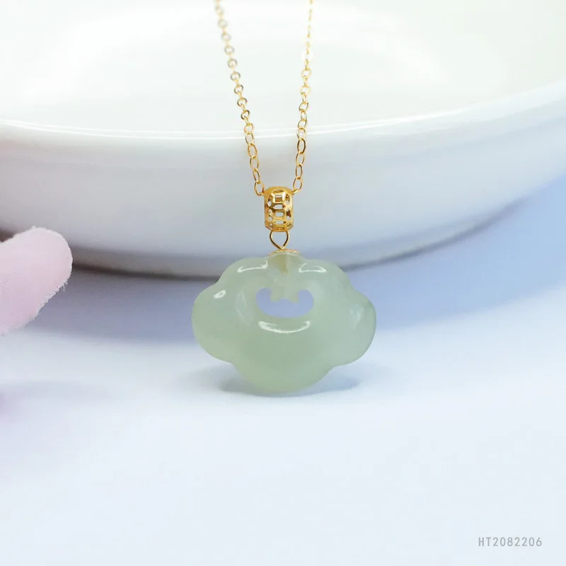 

18k Gold Natural Hetian Jade Ice Celadon Ruyi Ornament Pendant HT2082206