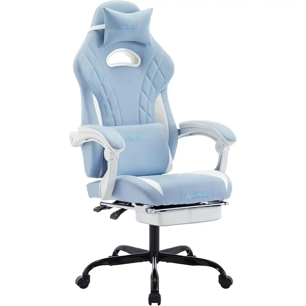 Ergonomic Gaming Chair with Ottoman and Massage Lumbar Support, Cyan White Office Video Game Chair