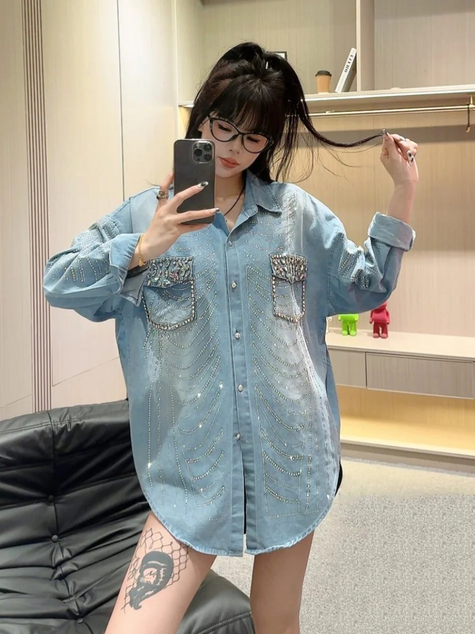 European Fashion Heavy Hot Drilling Blue Denim Shirt Women 2024 Autumn New Fashion Long Sleeve Loose Streetwear Blouse Tops