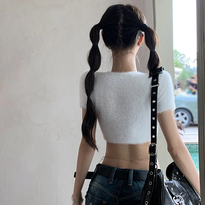 V NeckLint Knitted Short Sleeves Crop Tops Solid Color Summer Slim Sexy Casual Women's Tops Expose Navel Korean Version 