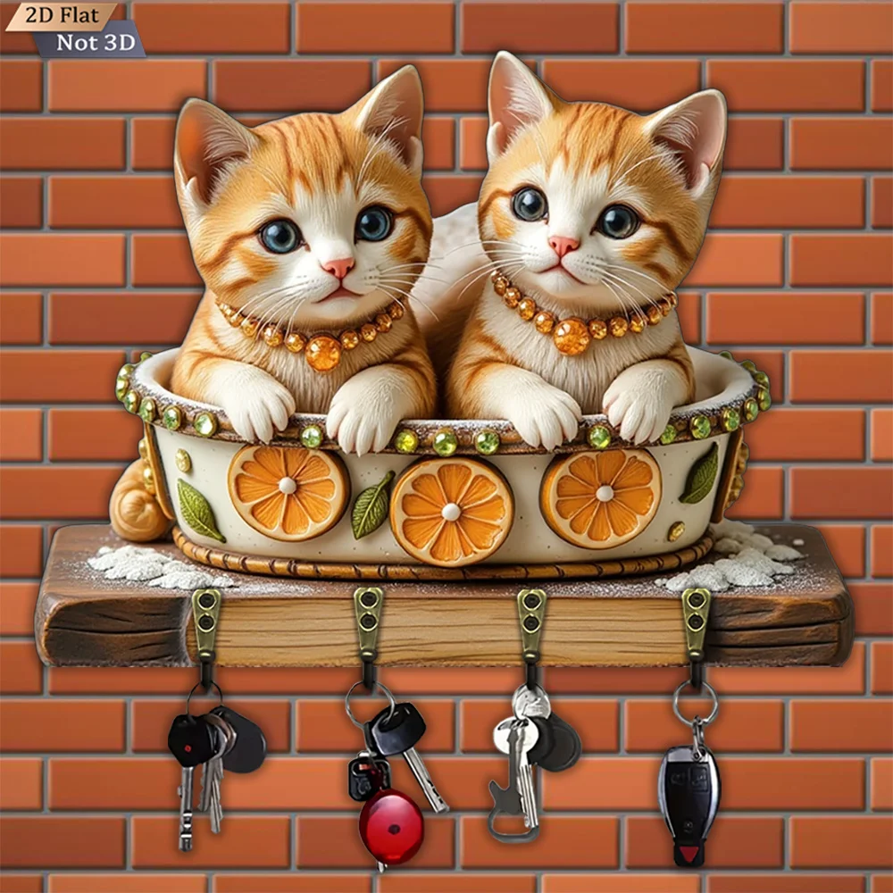 2D flach, 1 Stück, doppelter orangefarbener Katzen-orangefarbener dekorativer Schlüsselhaken, multifunktionaler Hausschlüsselhaken aus Holz, mit vier Metallhaken, Wand