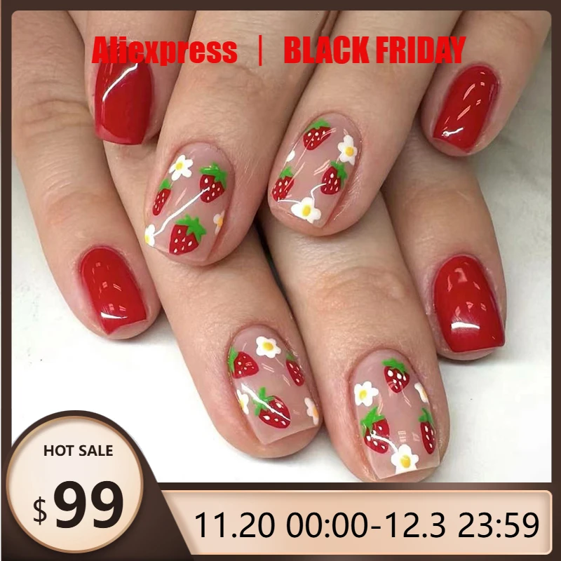 

24Pcs Short Glossy Press on Nail Strawberry White Small Flower Fake Nails Multiple Styles of Small Flowers Detachable Nail Art