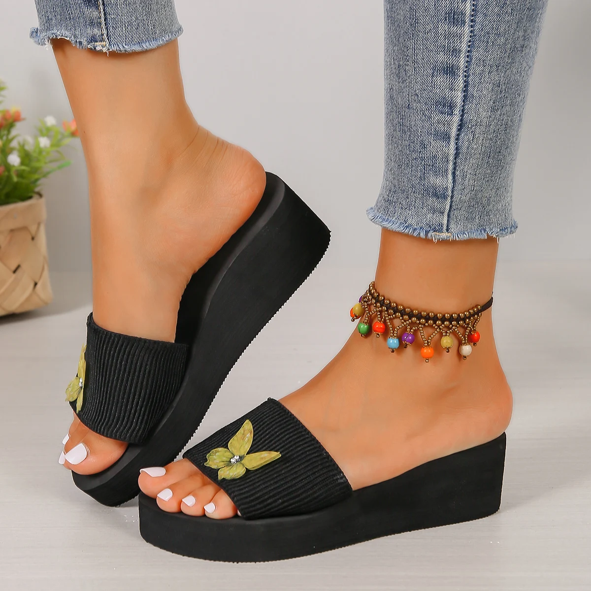 5 cm hohe, schlichte Sandalen mit Riemen in reiner Farbe, Damen-Sommer-Slipper, bequemes Schuhwerk, elegantes Design – Detail 6