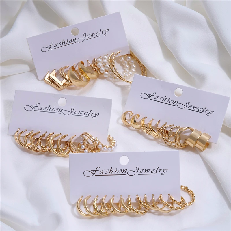 24 Pairs Gold Color Vintage Hoop Earrings Set for Women Girl Imitation Pearl Geometric Metal Twist Earring Fashion Jewelry