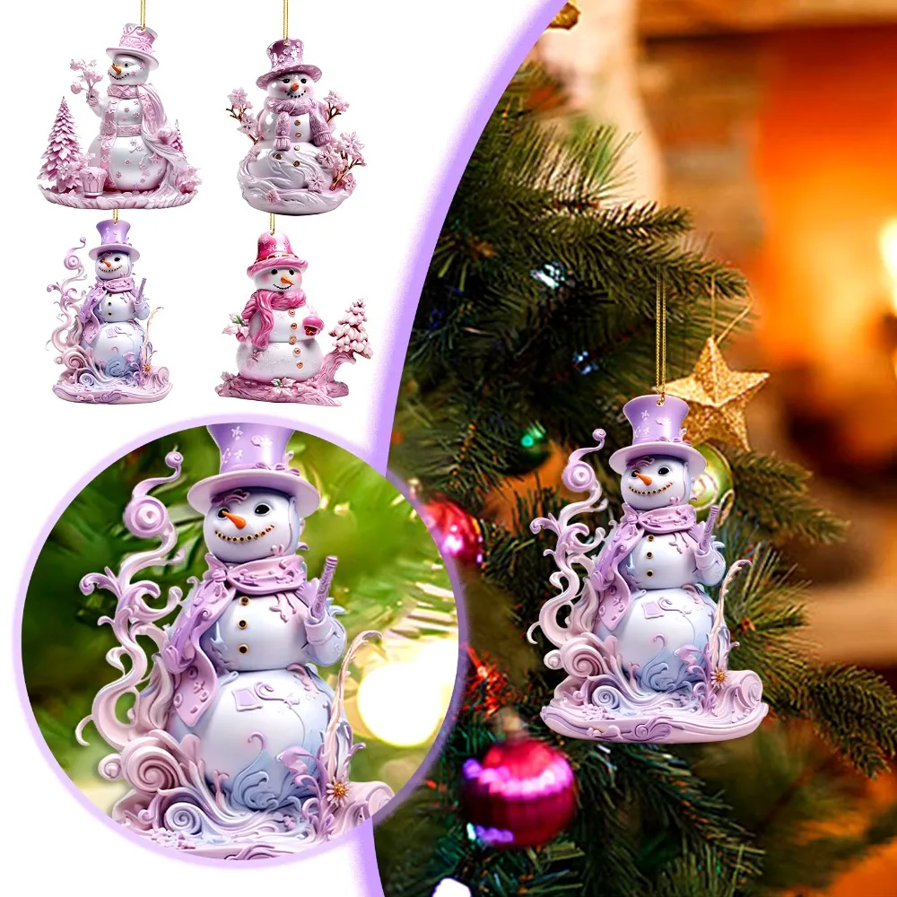 Pink Snowman Christmas Decorations 2D Acrylic Cartoon Hanging Pendants Flat Printing Christmas Gift Xmas Tree Ornament