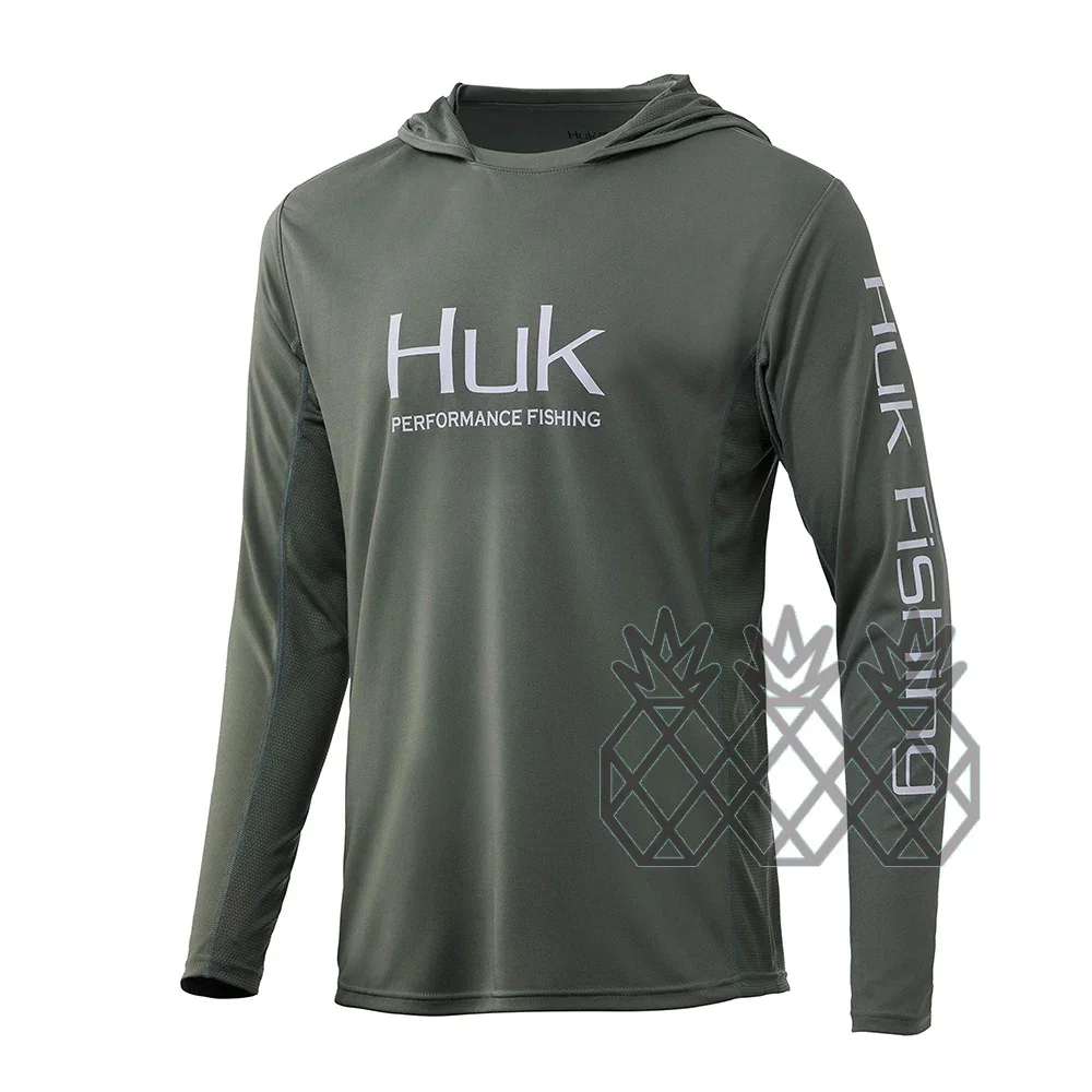 HUK Fishing Hooded Shirts Men\'s UV Protection Long Sleeve Sweatshirt Breathable Anti Mosquito Thin Fishing Tops Camisa De Pesca
