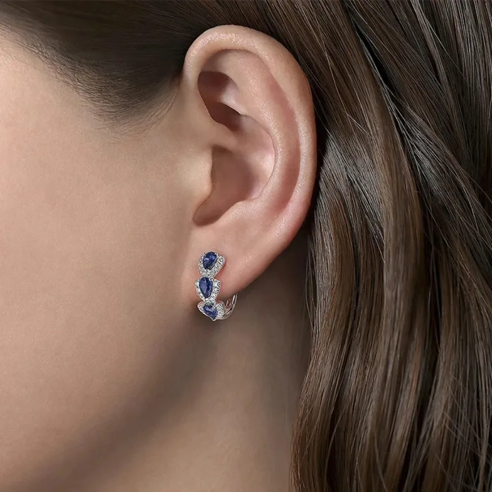925 Sterling Silver Luxury Trendy Blue Cubic Zirconia Hoop Earrings Wedding Party Elegant Accessories for Women Jewelry Gift image 2