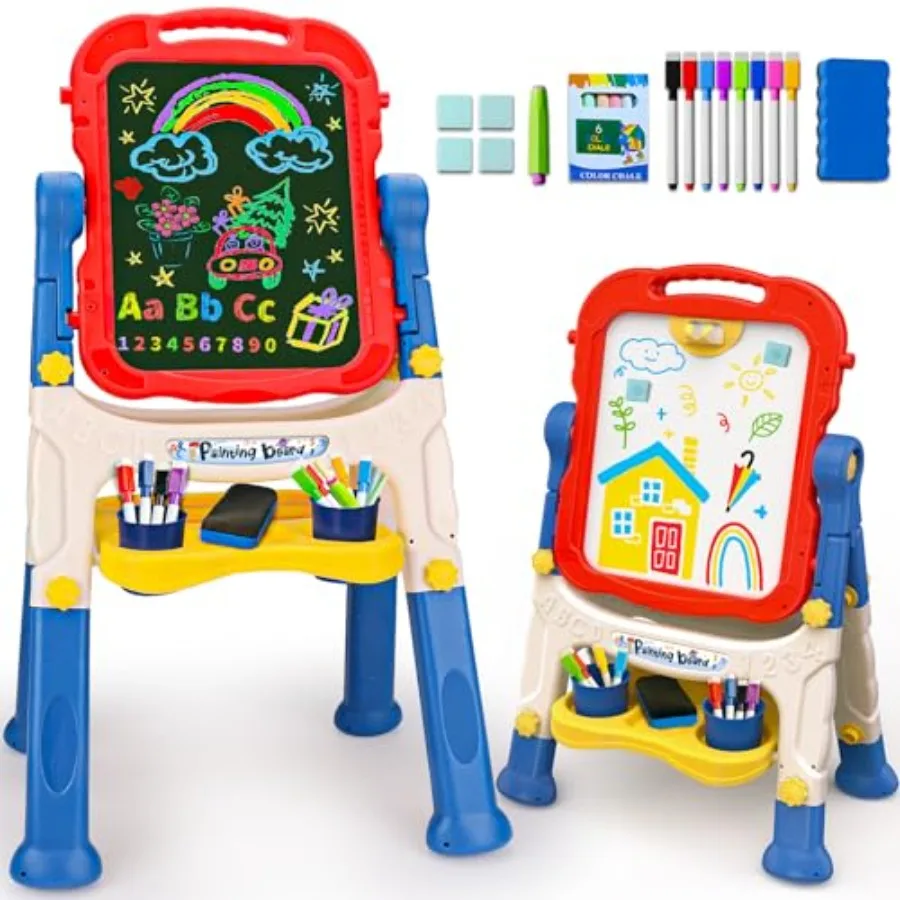 

Easel for Toddlers Age 2-4 Art Magnetic White Board and Chalkboard Double Side Adjustable Stand Drawing Writing Learning Educat