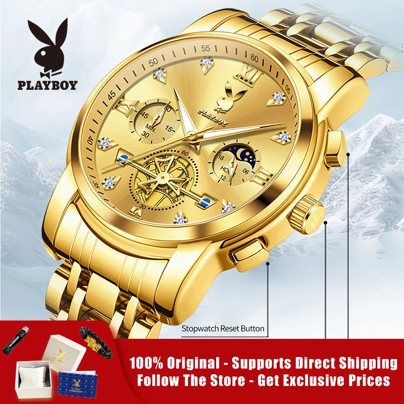 

PLAYBOY 3139 Brand original authentic watches for man luxury Solid steel belt multifunctional fake hollow quartz men's watch