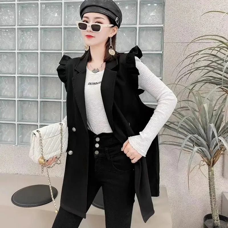 Suit Vest Women Fashion Ruffled Edge Design Vintage Casual Korean Sleeveless Jacket Loose Female Wild Solid 2023 Black Waistcoat