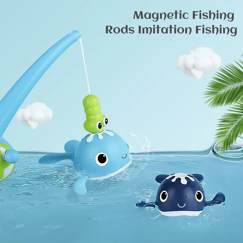 Ensemble de jouets de baignoire en forme de baleine magnétique pour bébés, jeu de pêche en eau flottante, accessoire de jeu pour enfants avec canne à pêche et filet
