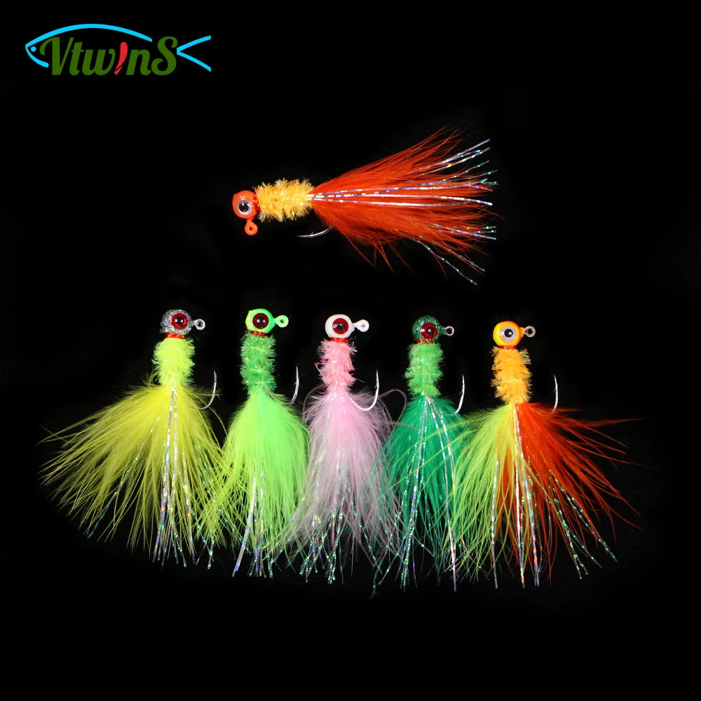 Vtwins 3/6PCS Crappie Jig Marabou Feather Jig Head Hooks Bucktail Fishing Lures Fishing Lure Kit Panfish Sunfish Hair Jig Bait