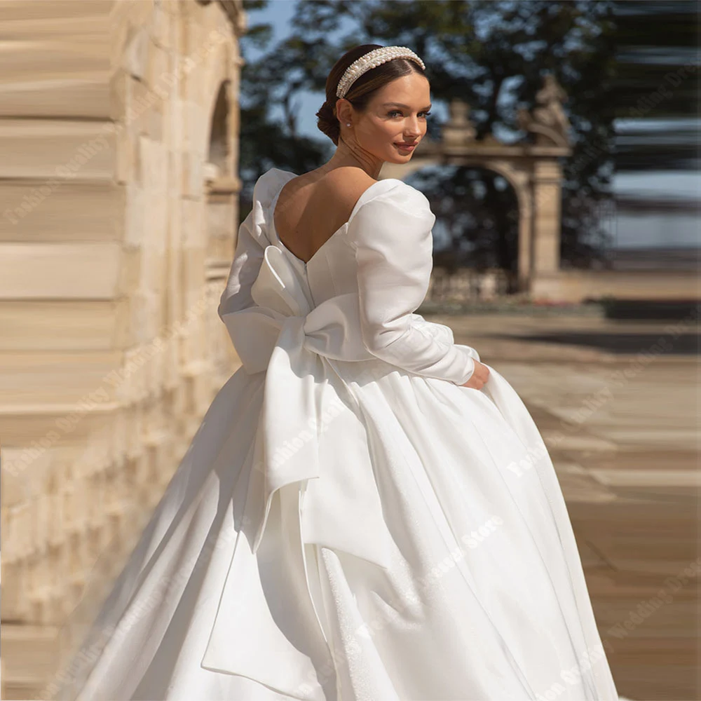 Elegante A-Lijn Vrouwen Trouwjurken Vintage Satijnen Stof Lange Mouwen Bruidsjurken Verloving Banket Vestidos De Novias 2024