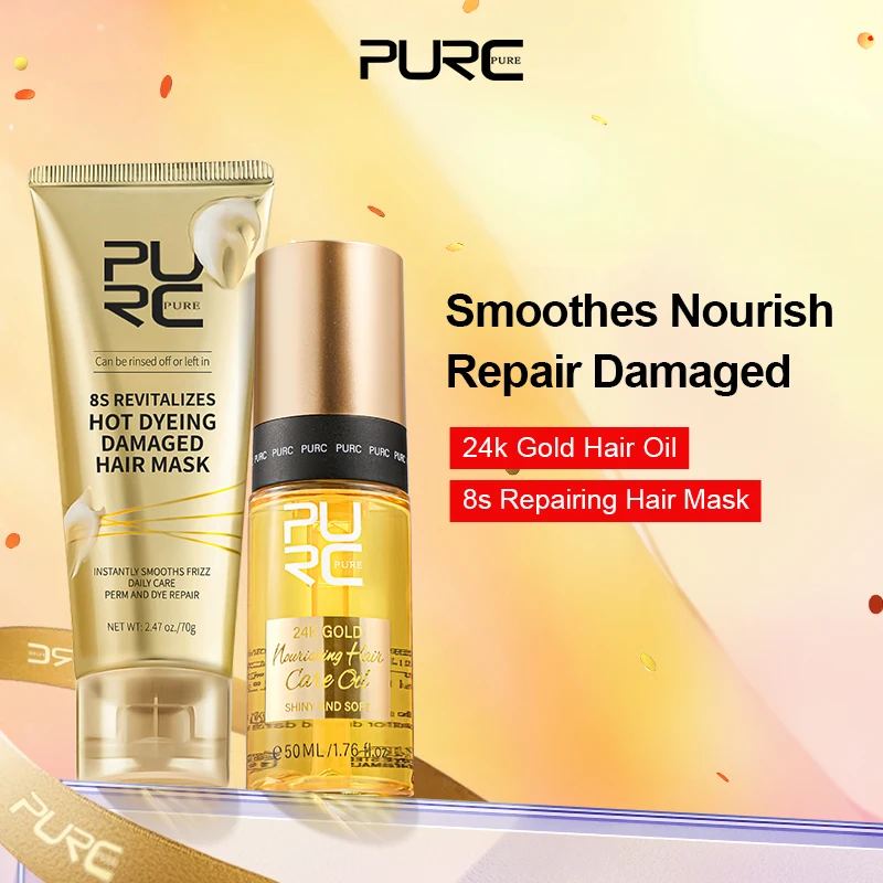 

Hot Dyeing Damaged Hair Mask & 24K Gold Hair Oil Serum Set Repair Damaged Frizz Smoothing Nourishing Treatment Hair Care