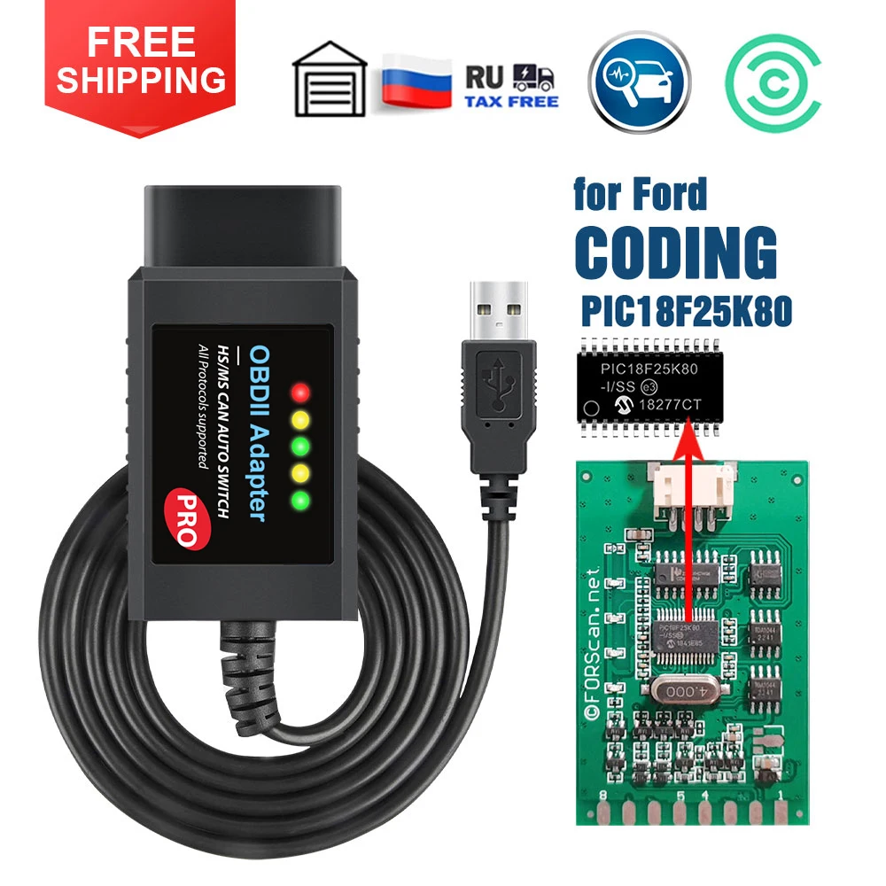 

Car Scan Tool OBD2 Adapter ELM327 USB V1.5 PIC18F25K80 Chip with HS/MS CAN Switch OBD2 Scanner for Mazda Ford Diagnostic Tool