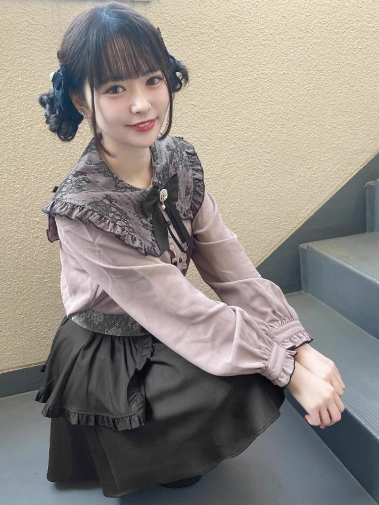 Japanese Mine Style Lace Bow Ears Doll Collar Long Sleeve Single Breasted Heart Zipper Sweet Versatile Lolita Shirt Blouse Women