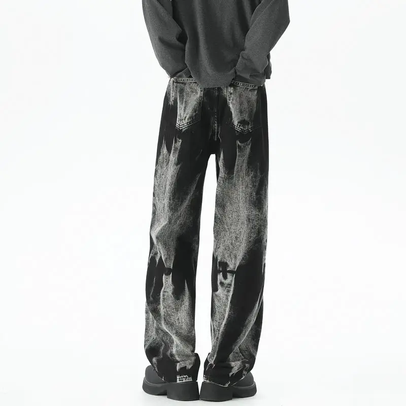 Jesienne męskie szerokie jeansy baggy w stylu high street, barwiony denim, casualowe proste neutralne jeansy baggy w stylu neutralnym, modne i uniwersalne.