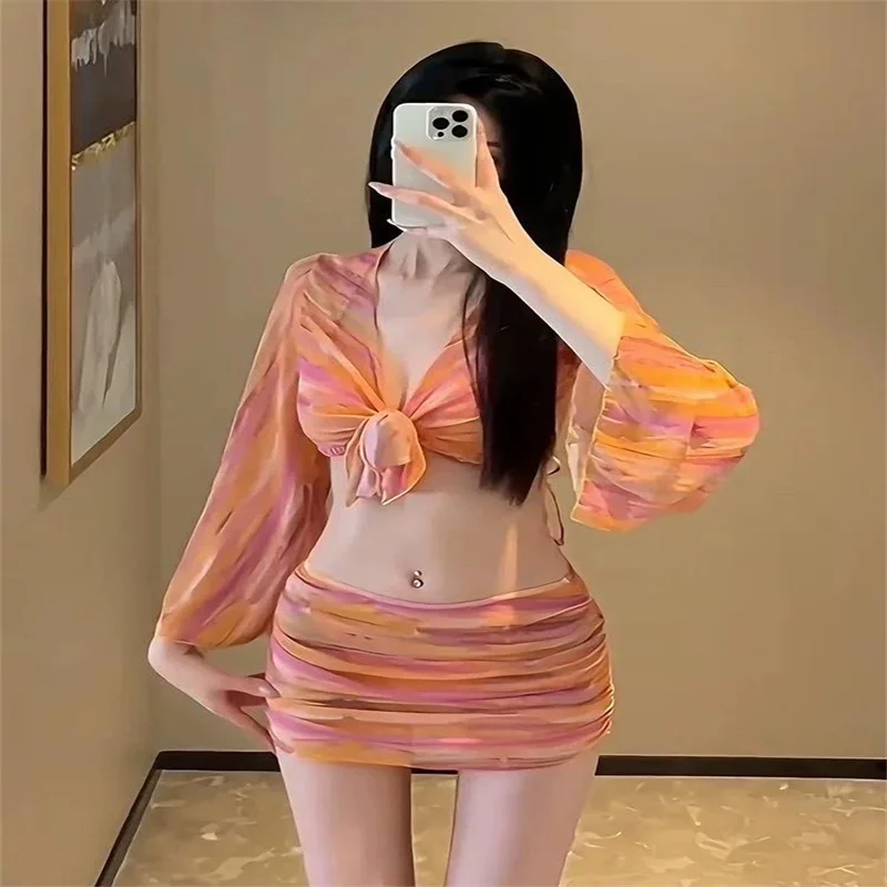 

Women's Swimsuit 2025 Bikini Top Tie Dye White Triangle Sexy Small Chest Hanging Neck Four Piece Set Beach Swimsuit