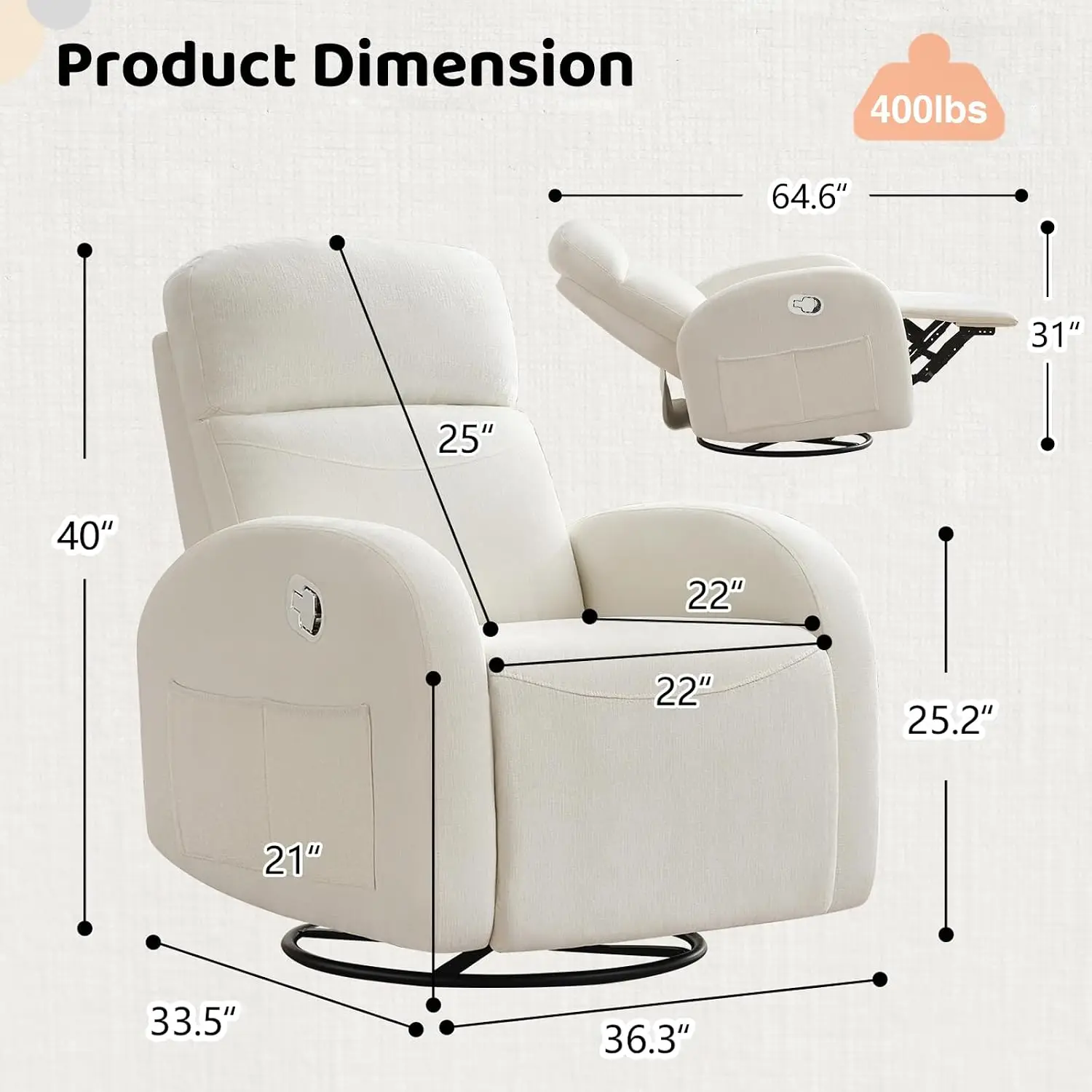 White Swivel Rocker Recliner Chair Manual Nursery Glider, Customized