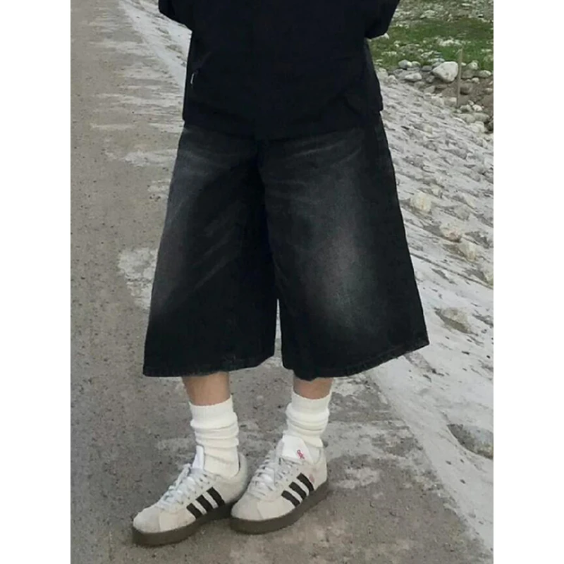 PBAP Do النساء المسنات واسعة الساق الدنيم السراويل كبيرة الحجم منخفضة الخصر الأسود غسلها المتوترة شعيرات فضفاض الجينز الجورت ملابس خمر غير رسمية #1