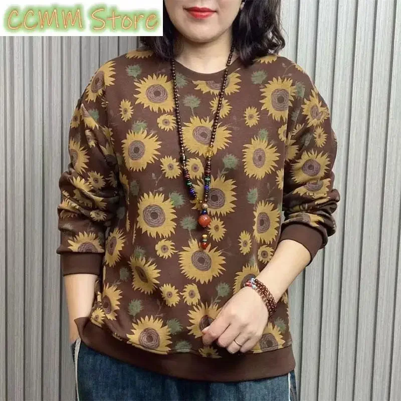 Women's Clothing Korean Sweatshirts Vintage Floral Printed Spring Autumn New Commute Long Sleeve Casual O-Neck Spliced Pullovers