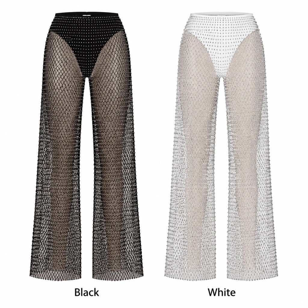 Damen-Mesh-Hose mit weitem Bein, Strass-Verzierung, hohe Taille, schmale Passform, transparente Hose, zum Überziehen über Jeans für Halloween-Party, Weihnachten, Nachtclub – Detail 5