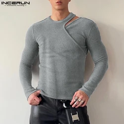 Fashion Well Fitting Tops INCERUN New Men's Deconstruction Solid T-shirt Casual Streetwear Male Long Sleeved Camiseta S-5XL 2024