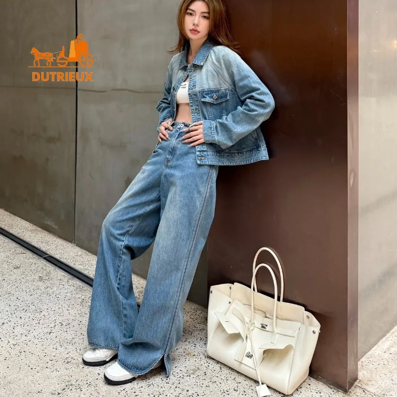 

Women's Autumn and Winter Retro Washed Blue Hem Jacket Denim Jacket Fashion Overzise,100% Cotton Classic Short Version All-match