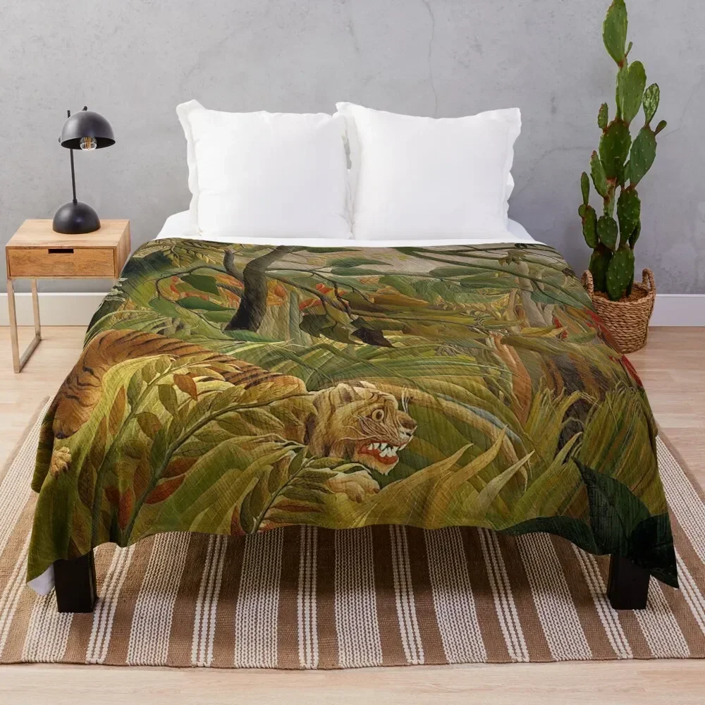 Henri Rousseau - Tiger in a Tropical Storm Throw Blanket blankets ands Decorative Beds Thermals For Travel Decoratives Blankets