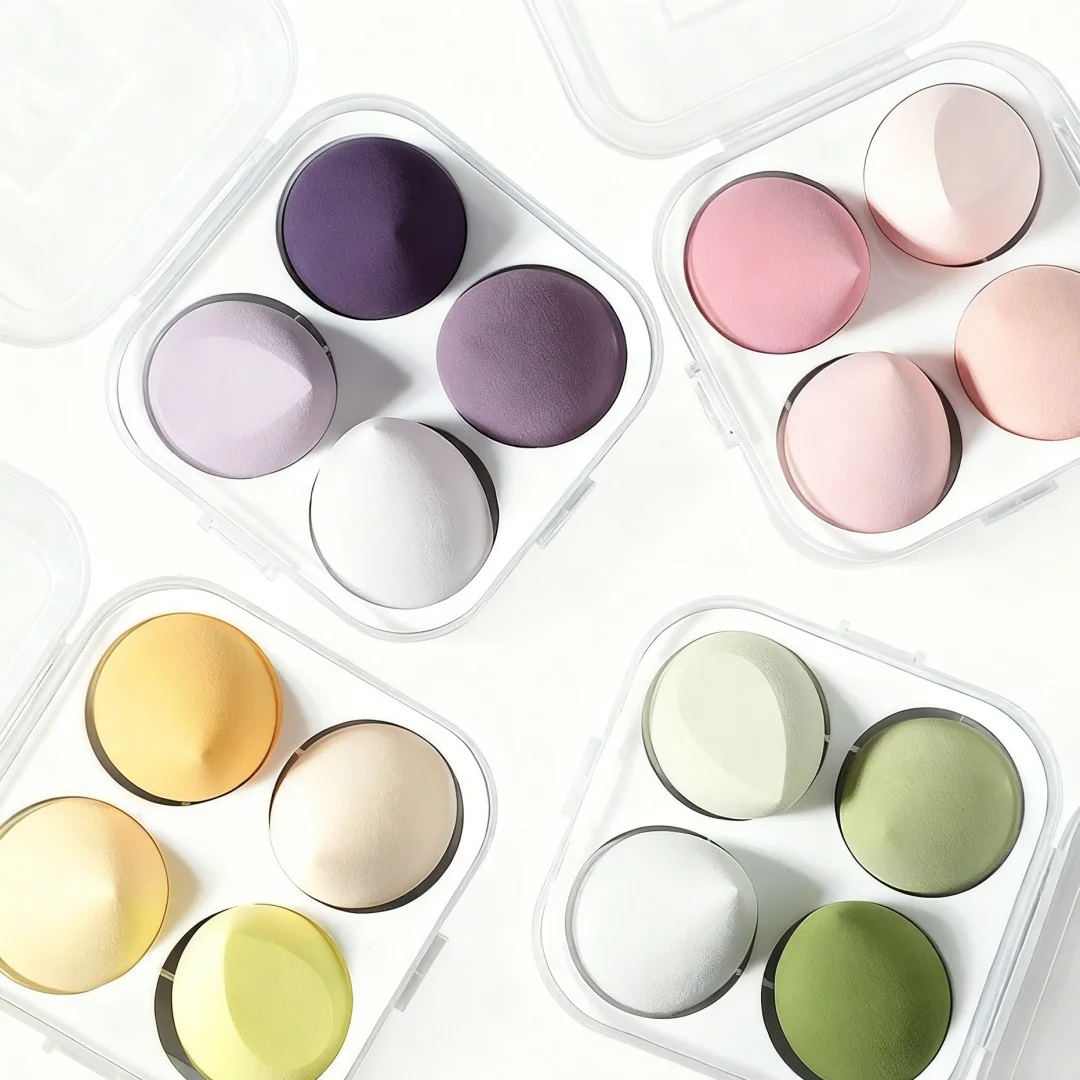 YS00279-Ensemble d'éponges de maquillage multicolores – 4 pièces en carton d'œufs, double usage (humide et sec) |   Maquillage Essentia
