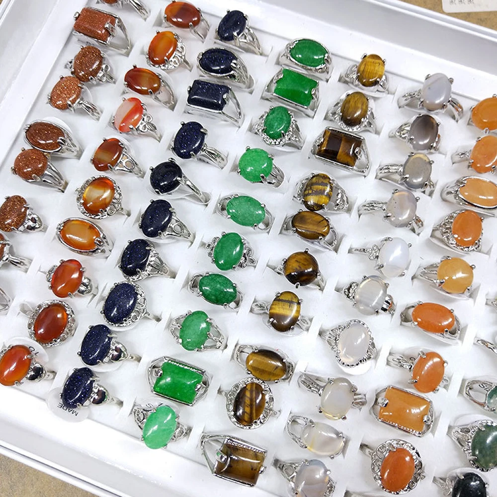 

10pcs/Set Natural Stone Rings Crystal Fashion Bohemian Couple Rings Silver Color Stainless Steel Ring for Women Jewelry for Men