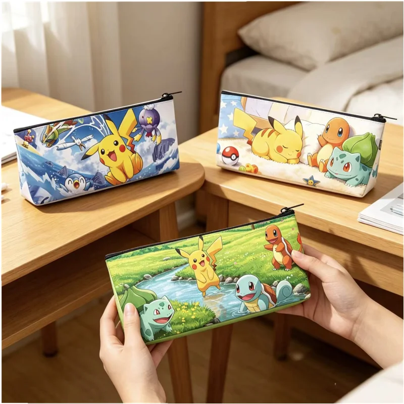 Estojo de Lápis PU Pokemon Pikachu com Estampa de Desenhos Animados Fofos Bulbasaur e Charmander, Bolsa com Zíper para Canetas, Estojo de Armazenamento de Material Escolar Infantil